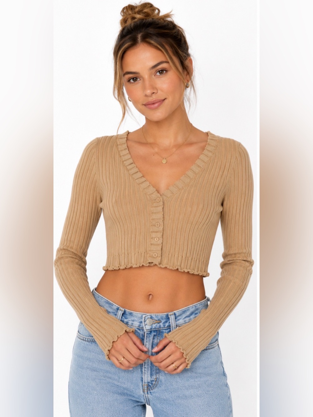 Endless Rose Camel Ribbed Cropped Ruffle Cardigan Sweater NWT XS